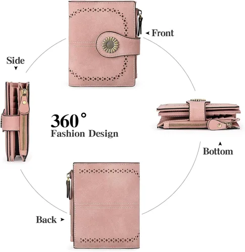 Vista 4 de SENDEFN Carteras pequeñas para mujer, con bloqueo RFID, de cuero, plegable, tarjetero con ventana de identificación, 1-Rosa