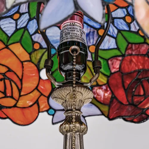Vista 8 de Tiffany Style Stained Glass Table Lamp, Floral Pattern Desk Light with Antique Bronze Resin Base, Red Roses Decorative Lighting for Bedroom, Living