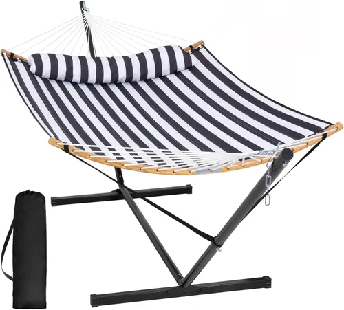 Vista 15 de SUNCREAT Hamaca doble con soporte incluido, hamaca portátil con soporte y almohada grande, rayas azules