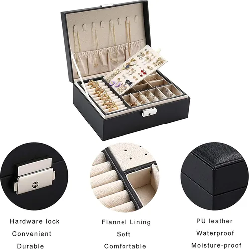 Vista 5 de Joyero de cuero para mujeres y niñas, organizador de joyas con dos capas de exhibición para collares, aretes, pulseras, anillos y relojes (negro)