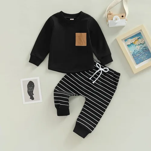 Vista 24 de Ropa de bebé niño 3 6 9 12 18 24M 3T Conjunto de pantalones con capucha patchwork sudadera con capucha pantalones de rayas traje de otoño invierno