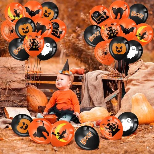 Vista 5 de Aoriher 45 globos de fiesta de Halloween, globos de látex negro naranja feliz Halloween impresos con calabaza, fantasma, murciélago, telaraña, bruja