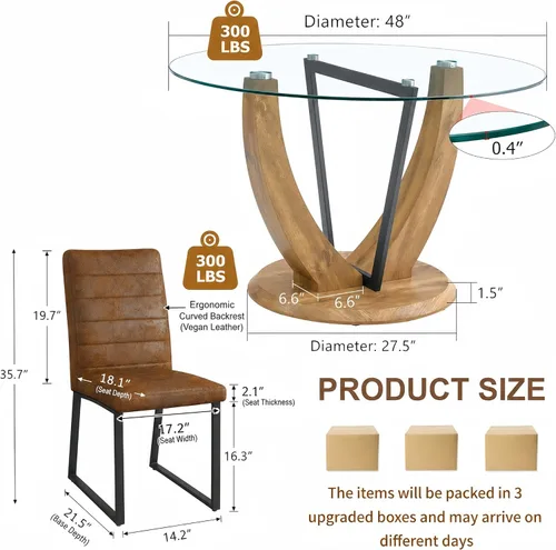 Vista 2 de Juego de mesa redonda de cristal de 5 piezas para 4, mesa de comedor moderna de 48 pulgadas con base de grano de madera, sillas tapizadas de gamuza