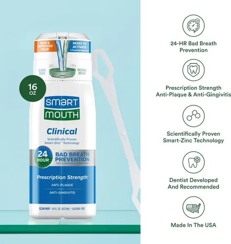 Vista 4 de SmartMouth Enjuague bucal activado por DDS para protección contra el mal aliento las 24 horas más limpiador de lengua, 16 onzas líquidas