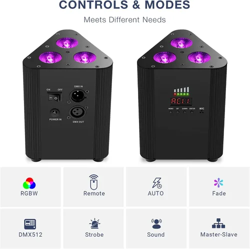 Vista 2 de Luces Par de escenarios alimentadas por batería, LED 4 en 1 RGBW a todo color, 6 horas de funcionamiento en todo color, control remoto y DMX; luces