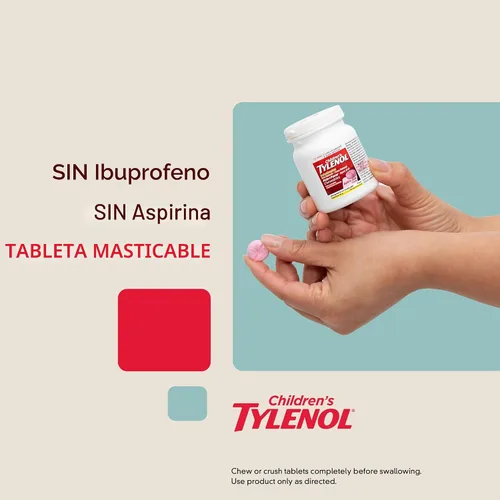 Vista 4 de Tylenol para niños masticables con 160 mg de acetaminofeno, analgésico y reductor de fiebre para síntomas de resfriado y gripe en niños, dolor