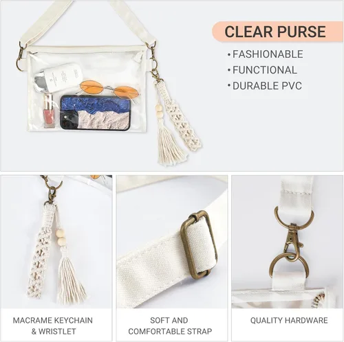 Vista 4 de Mkono Bolsa transparente aprobada para estadios, bolso pequeño para mujer con pulsera de macramé, bolsa cruzada transparente para conciertos