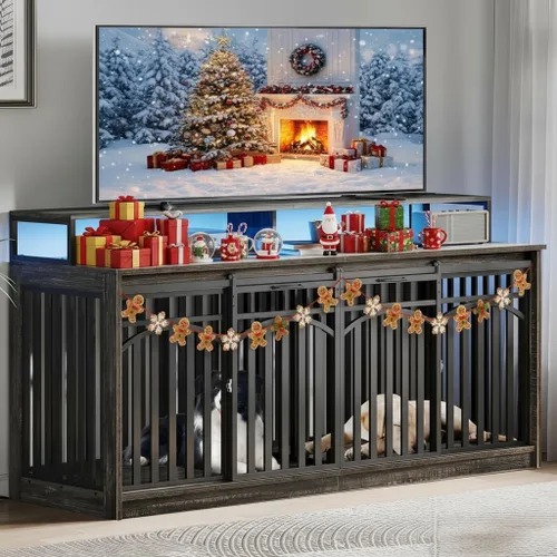 Vista 8 de DWVO Mueble doble para perros de 71 pulgadas para 2 perros medianos, soporte de TV de madera resistente con puertas correderas, mesa decorativa