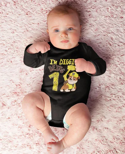 Vista 2 de Traje de 1er cumpleaños de Paw Patrol Rubble Boy I'm Digging Being 1 Baby Bodysuit