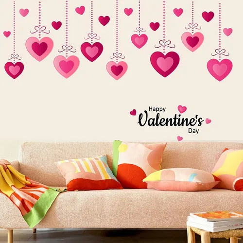 Vista 5 de Calcomanías de pared rosa para el día de San Valentín, calcomanías colgantes de corazón para despegar y pegar, decoración romántica de pared