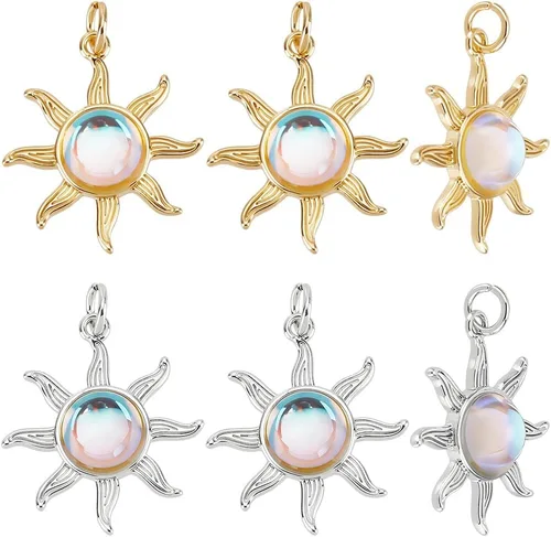 Vista 8 de Beebeecraft 1 caja de 5 dijes de sol chapados en oro de 18 quilates con cristal de ojo de gato celestial para hacer joyas, pulseras, collares