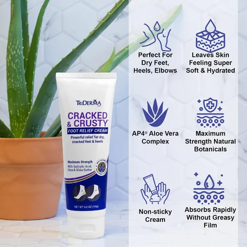 Vista 3 de TriDerma Cracked & Crusty™ Crema para pies saludables hidrata, suaviza y cura los pies secos, talones agrietados y codos secos con ácido salicílico