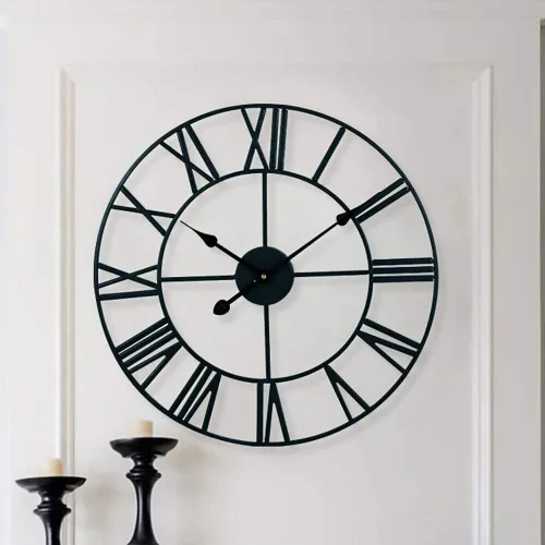 Vista 6 de Reloj de pared de metal industrial europeo grande, números romanos retro, movimiento de cuarzo silencioso para sala de estar, cocina, decoración