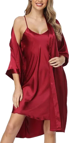 Vista 2 de Conjunto de bata de satén para mujer, 2 piezas, camisón de seda, pijama sexy floral de encaje, ropa de dormir, batas de noche