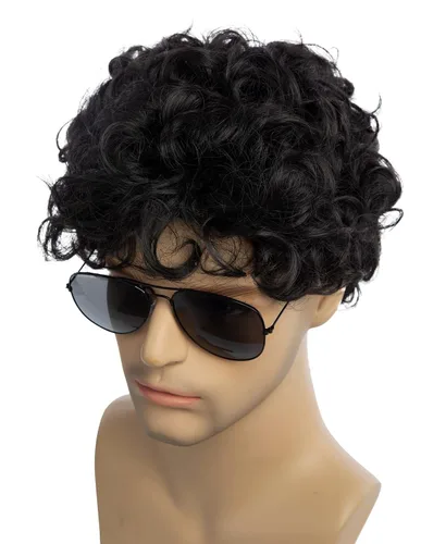 Vista 5 de Peluca negra corta y rizada para hombre, peluca sintética para cosplay, con gorra de peluca