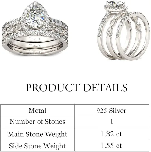 Vista 5 de Jeulia Juego de anillos de halo de corte pera, anillo de compromiso con forma de corazón CZ para mujer, plata de ley, diamante blanco, anillos