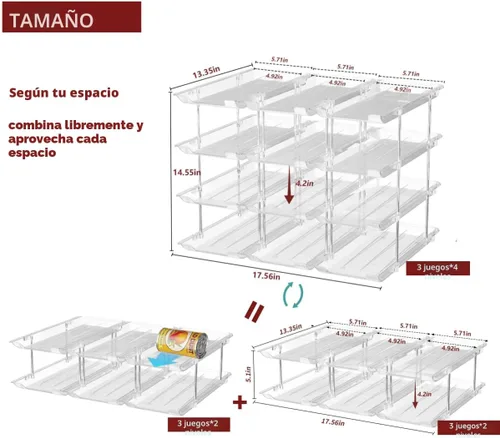 Vista 3 de Organizador de latas para despensa, 3 juegos de 4 niveles, organizador de almacenamiento de latas, organizador de latas de soda para refrigerador