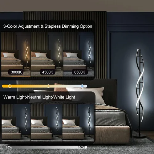 Vista 2 de Lámpara de Pie LED Espiral para Dormitorio, Lámparas de Pie Modernas con Control Remoto de 60 Pulgadas Regulable Lámpara de Pie Negra de 48W Lámpara
