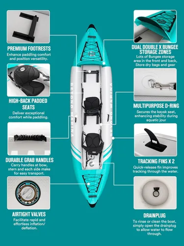 Vista 4 de Inflatable Kayak 2 Person Adult - BEYOND MARINA Tandem Kayak with Drop Stitch Floor, Touring Kayak with Aluminum Paddles, Seats, Footrests, Pump