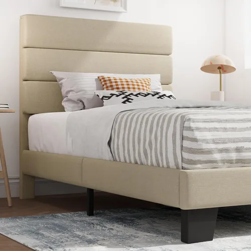 Vista 8 de SHA CERLIN Marco de Cama de Plataforma Twin con Cabecera de Tela Tapizada, Base de Colchón con Fuerte Soporte de Listones de Madera, No Necesita