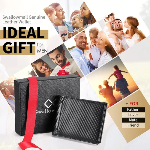 Vista 7 de Swallowmall Mens Wallet RFID Genuine Leather Slim Bifold Wallets For Men Removable ID Windows 11 Cards Holders Gift Box