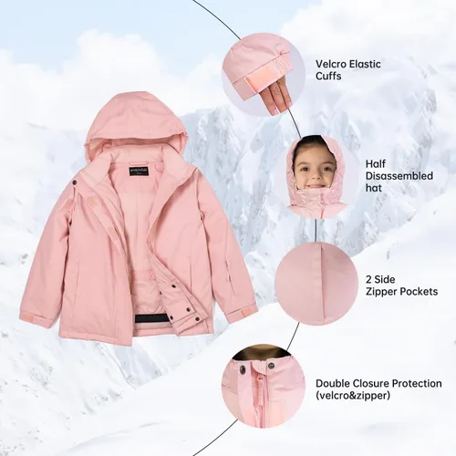 Vista 29 de Chaqueta de esquí impermeable para niñas, chaqueta de snowboard para exteriores, resistente al viento, con forro polar, abrigo de nieve cálido