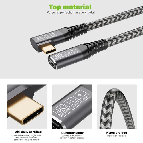 Vista 2 de Cable de extensión USB 3.2 de 1.65 pies, cable de extensión USB-C corto de ángulo recto macho a hembra de carga de extensión compatible con video