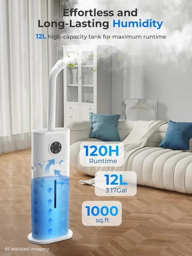 Vista 2 de Humidificador para habitación grande, 12L/3.17 galones de llenado superior de niebla fría humidificadores silenciosos ultrasónicos para bebés