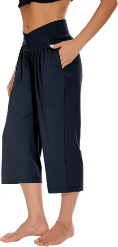 Vista 4 de Pantalones capri para mujer, para yoga, descanso, pierna ancha, holgados, cruzados, cintura alta, pantalones capri de verano