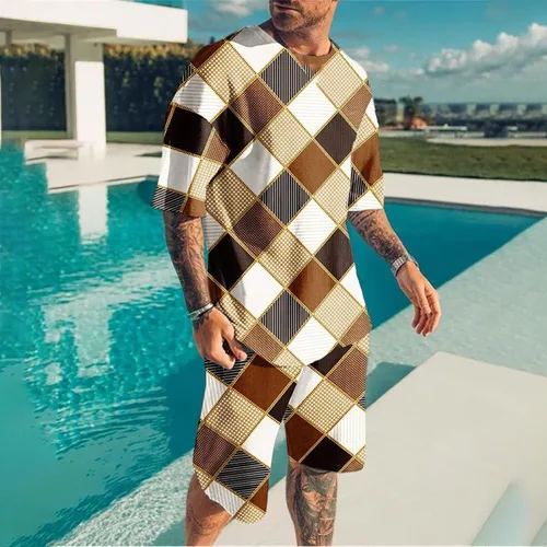 Vista 2 de Mens Short Sets 2 Piece Outfits Short Sleeve T Shirt and Shorts Set Fashion Summer Tracksuits Casual Sport Set for Men
