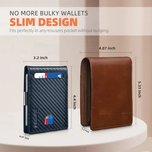 Vista 18 de RUNBOX - Carteras delgadas para hombre, cartera de piel con pinza para el dinero, cartera de bolsillo frontal con bloqueo RFID, tarjetero