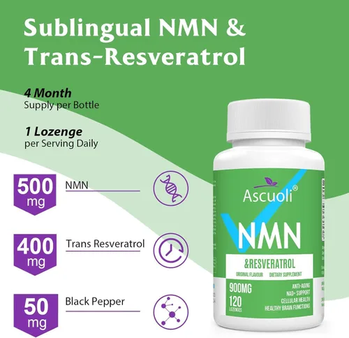 Vista 3 de Sublingual NMN 500mg + Trans-Resveratrol 400 mg, fórmula avanzada 3 en 1 99% puro NMN Resveratrol Suplemento para Boost* NAD, células, inmune