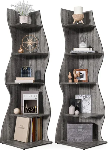 Vista 19 de LITTLE TREE Estantería de esquina pequeña, estantería moderna de esquina de pared de 5 niveles para libros, elegante librero estante