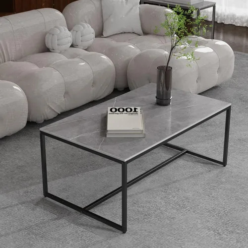 Vista 9 de Wisfor Mesa de centro de piedra sinterizada: mesa central de sofá negro con marco de metal negro - Mesa rectangular de decoración de muebles