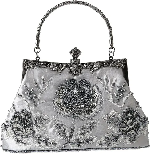 Vista 12 de Bolso de mano de estilo vintage con cuentas florales y strass para mujer, con bordado de lentejuelas, bandolera para novia, boda, fiesta