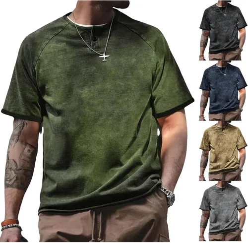 Vista 5 de Men's Oversized T-Shirts Acid Wash Short Sleeve Henley Shirt Regular Fit Raglan Sleeve Retro Distressed Athletic Tops