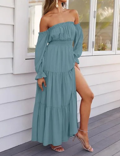 Vista 142 de ZESICA - Vestido largo, bohemio y sexy, con hombros descubiertos y manga larga fruncida, con elástico fruncido, cintura alta y abertura lateral