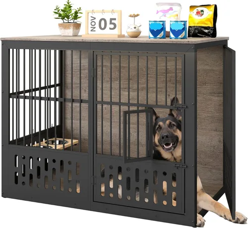 Vista 8 de Yafylly Jaula para perros pequeños de 32 pulgadas, muebles de madera para perros pequeños y medianos, ventana interactiva, cuencos ajustables