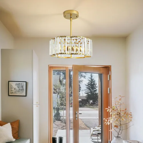 Vista 3 de Candelabro pequeño de cristal dorado, lámpara moderna de 3 luces para comedor sobre la mesa, accesorio de iluminación redondo para pasillo