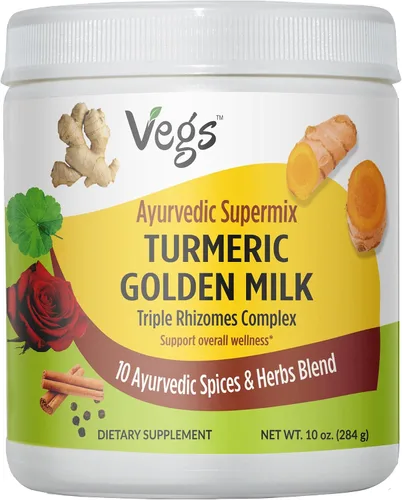 Vista 10 de Vegs Leche en polvo dorada de cúrcuma – 10 leches ayurvédicas súper especias con cúrcuma orgánica, jengibre, pétalos de rosa, canela, ashwagandha