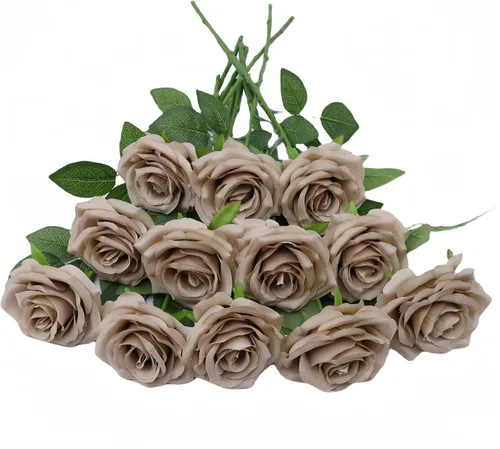 Vista 12 de LVEFIT 12 rosas artificiales de seda con tallo largo para bodas, despedidas de soltera, fiestas, decoración del hogar Blush