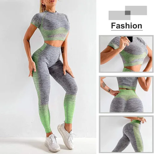 Vista 3 de JOYMODE - Conjunto de entrenamiento para mujer diseño de 2 piezas con leggings de tiro alto sin costuras y camiseta corta para yoga