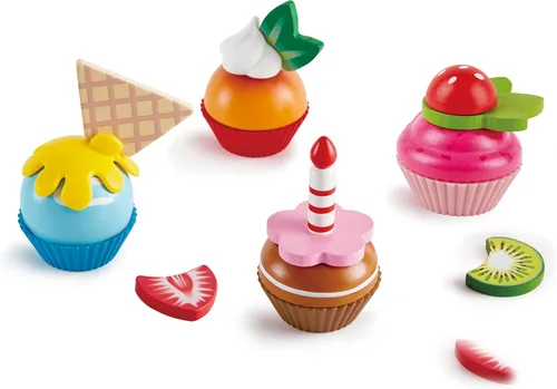 Vista 9 de Hape Cupcakes Magdalenas de madera coloridas, juguete de cocina para niños