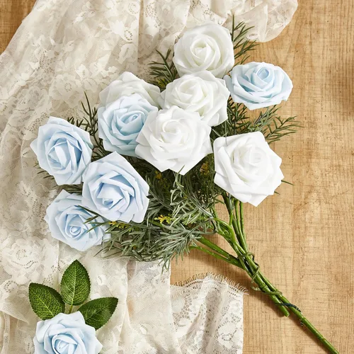 Vista 9 de Flores artificiales, 25 piezas, rosa artificial azul bebé para ramos de boda, centros de mesa, arreglos, flor falsa con tallos para decoración
