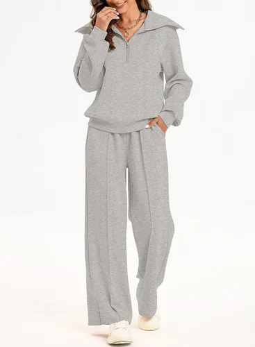 Vista 2 de Aleumdr Conjunto de dos piezas de sudadera con media cremallera para mujer, conjunto a juego con pantalón de pierna ancha