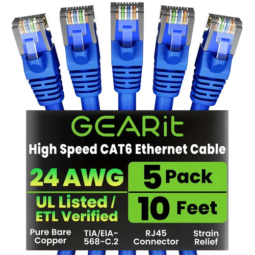 Vista 25 de GEARit Paquete de 5 cables Ethernet Cat6 de 1 pie Cable de conexión de red RJ45, conectores chapados en oro Snagless de 10 Gbps - Cable Ethernet