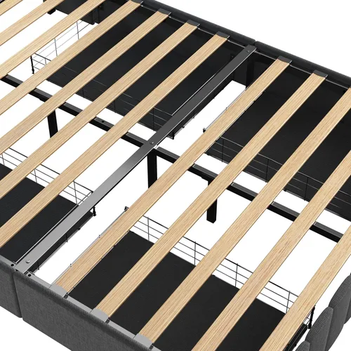 Vista 6 de Livavege Base de cama Queen con cabecera LED y 4 cajones de almacenamiento sobre ruedas, cama de plataforma tapizada con alas con salidas y puertos