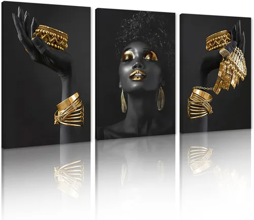Vista 12 de MAMAGO Lienzo decorativo para pared, pintura de belleza dorada y negra, fotos de mujeres africanas, hermosos pósteres de mujer negra, impresiones