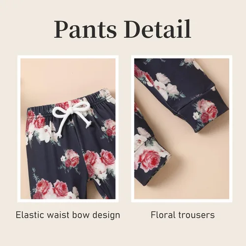 Vista 5 de Ropa de bebé niña de manga larga con capucha sudadera con pantalones florales con diadema conjuntos de ropa