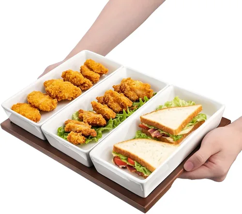 Vista 4 de Elsjoy Bandeja de servir de 3 secciones, plato de madera dividido con cuencos de cerámica, bandeja de inmersión de 3 compartimentos para aperitivos